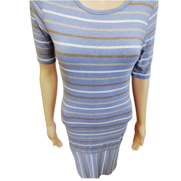 EUC LuLaRoe Julia Dress Soft Blue/Brown/White Striped Skirt Rayon/Spandex XS - Picture 6 of 10